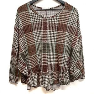 Entro Anthropologie Long Sleeves Knit Plaid Ruffle Top Small